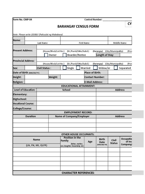 barangay census form 2024|Barangay Census Form .